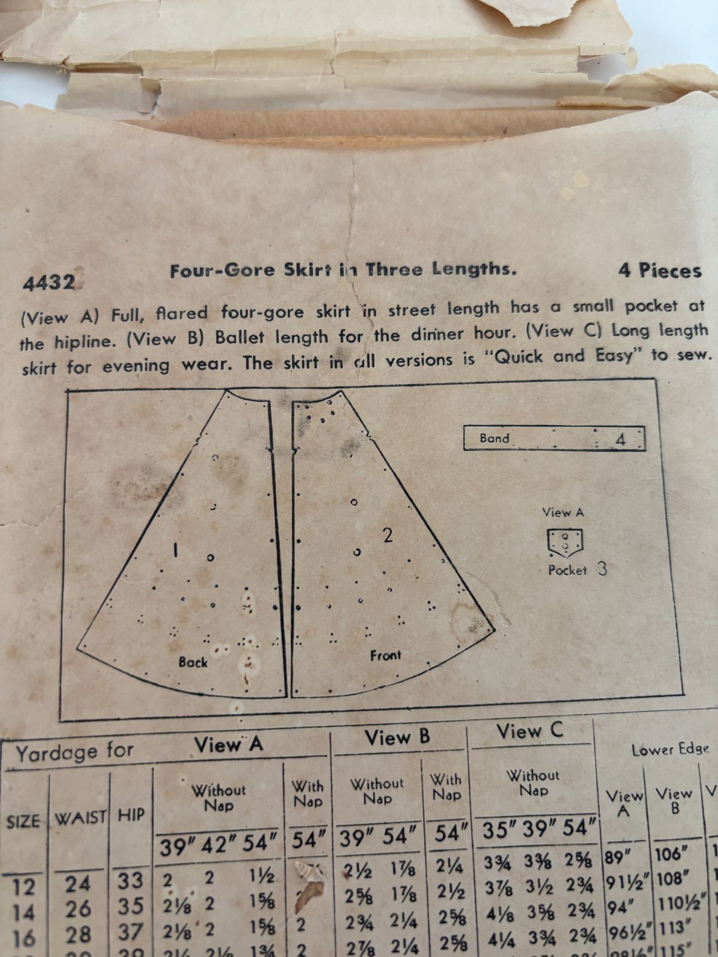 Butterick Sewing Pattern 4432 Vintage Four Gore Skirt 1940s 32 Inch Waist Easy