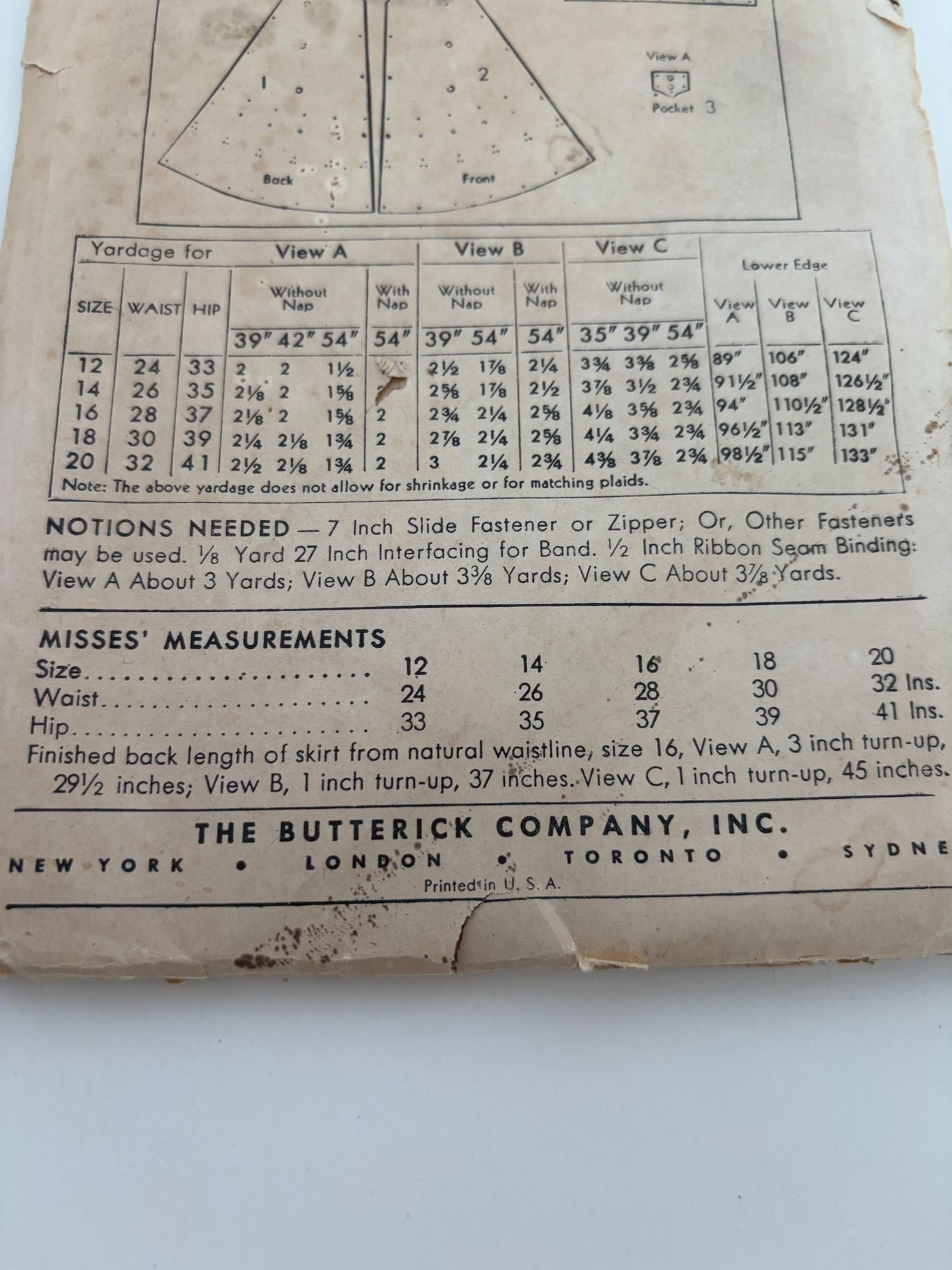 Butterick Sewing Pattern 4432 Vintage Four Gore Skirt 1940s 32 Inch Waist Easy