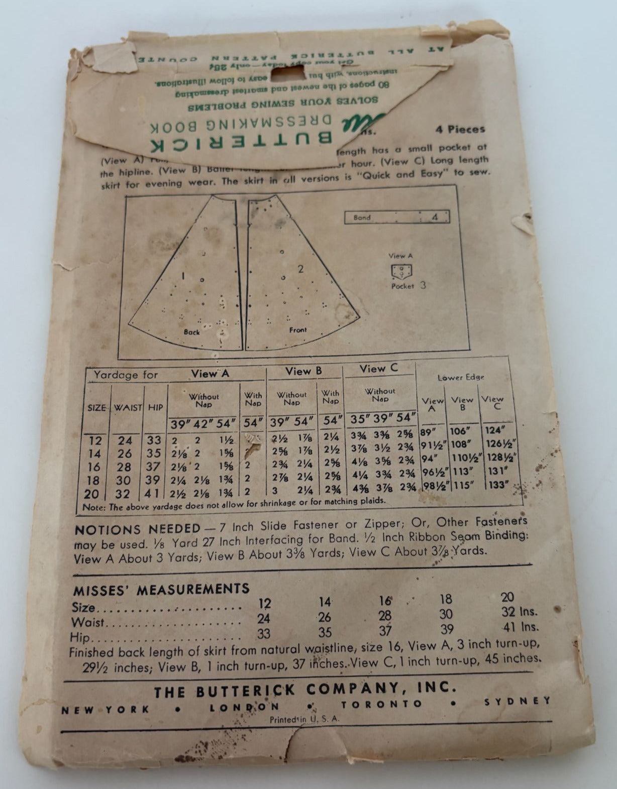 Butterick Sewing Pattern 4432 Vintage Four Gore Skirt 1940s 32 Inch Waist Easy