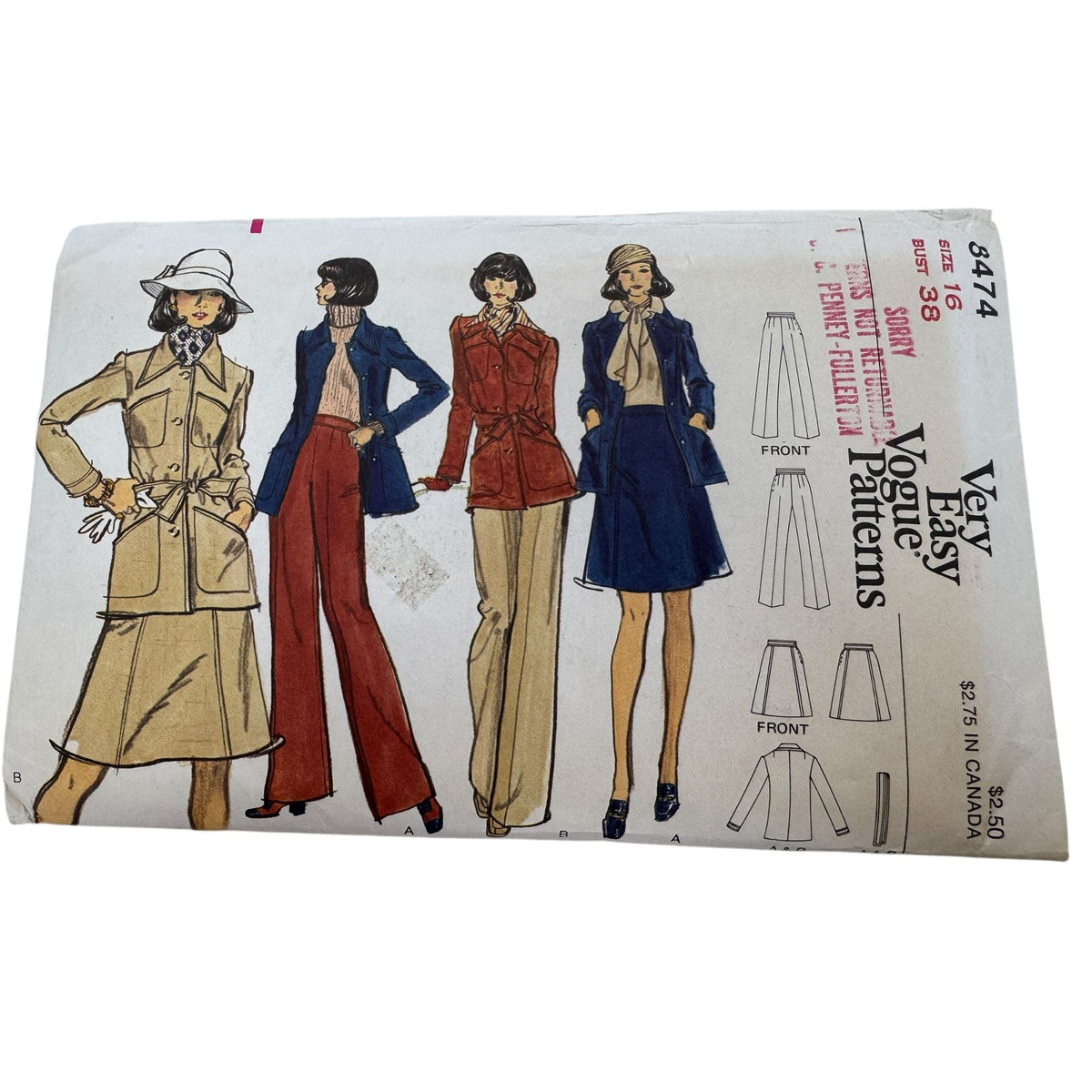 Vogue Sewing Pattern 8474 Misses Jacket A-Line Skirt Pants Size 16 1970s Uncut