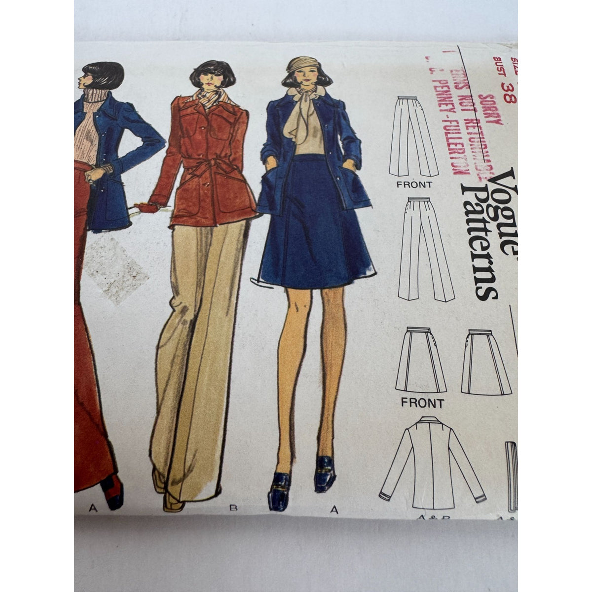 Vogue Sewing Pattern 8474 Misses Jacket A-Line Skirt Pants Size 16 1970s Uncut
