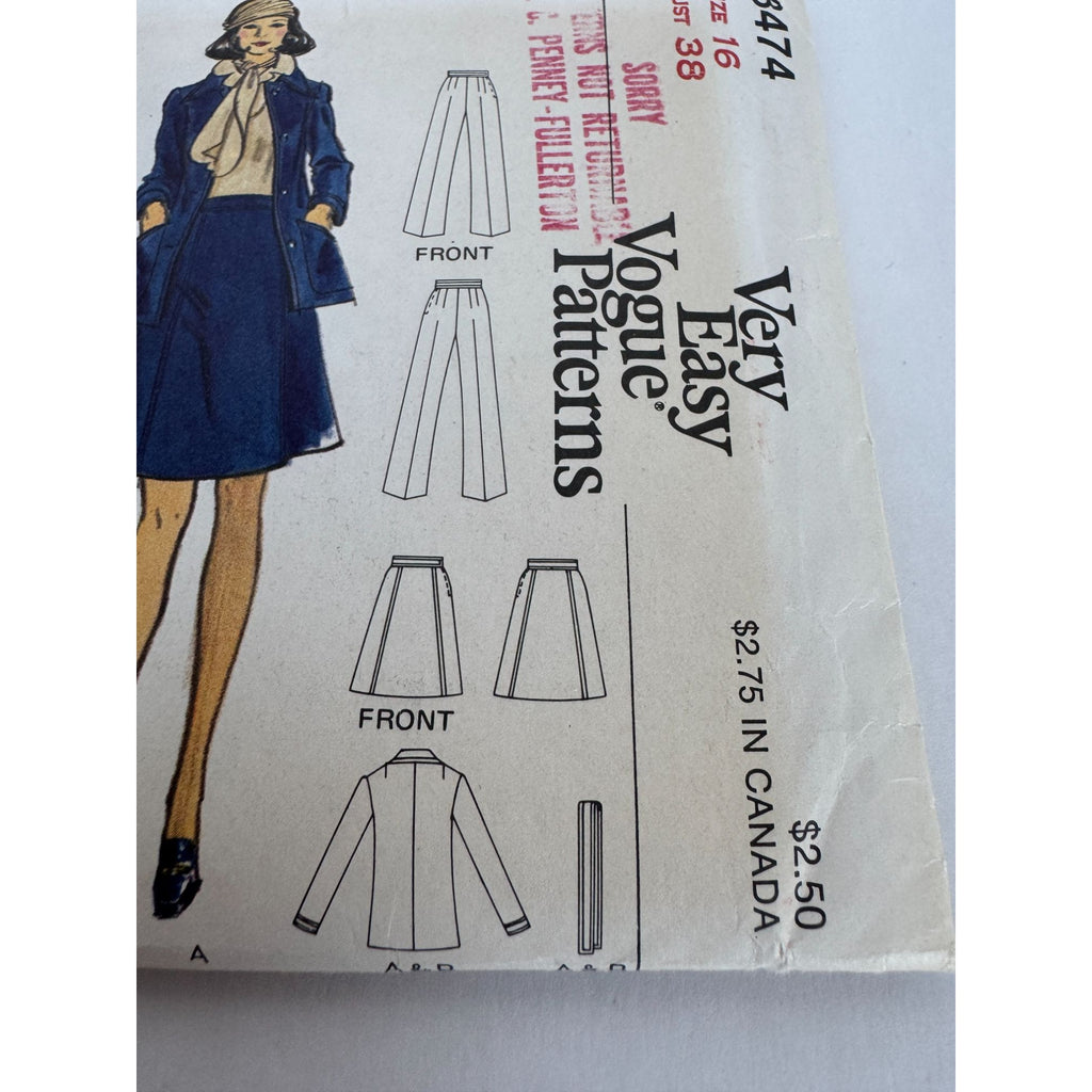 Vogue Sewing Pattern 8474 Misses Jacket A-Line Skirt Pants Size 16 1970s Uncut