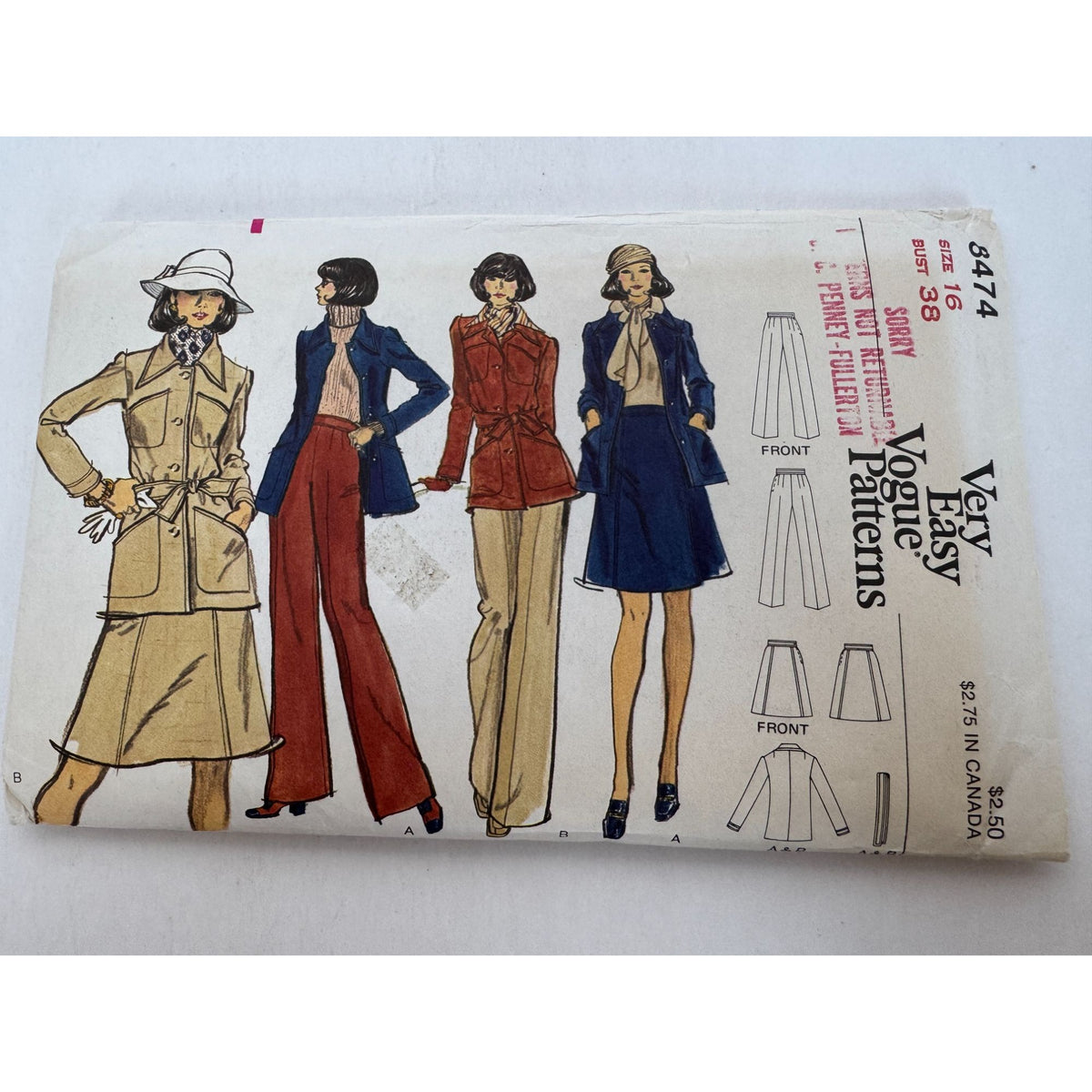 Vogue Sewing Pattern 8474 Misses Jacket A-Line Skirt Pants Size 16 1970s Uncut