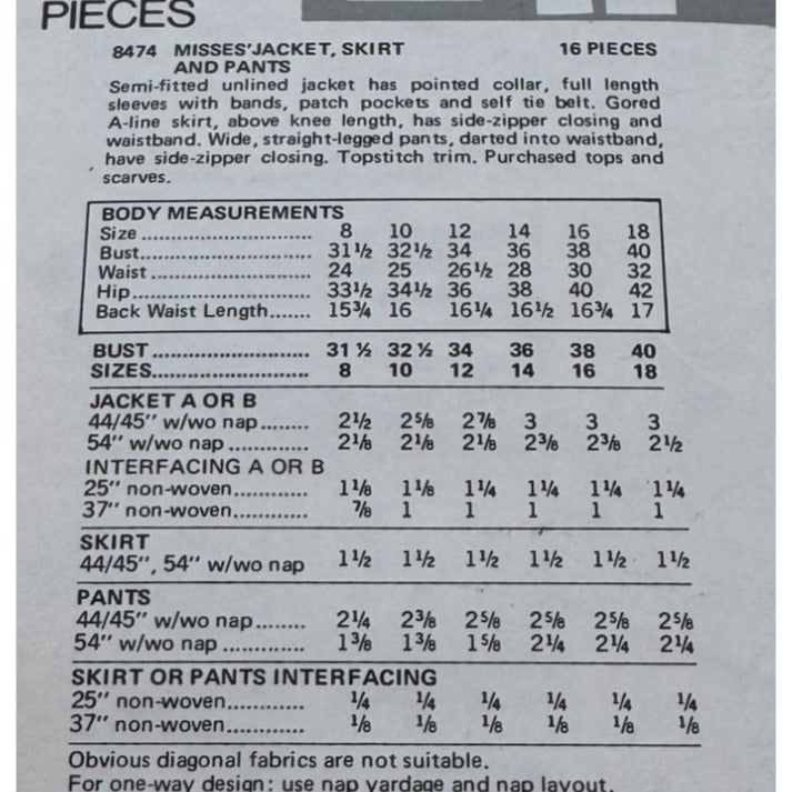 Vogue Sewing Pattern 8474 Misses Jacket A-Line Skirt Pants Size 16 1970s Uncut