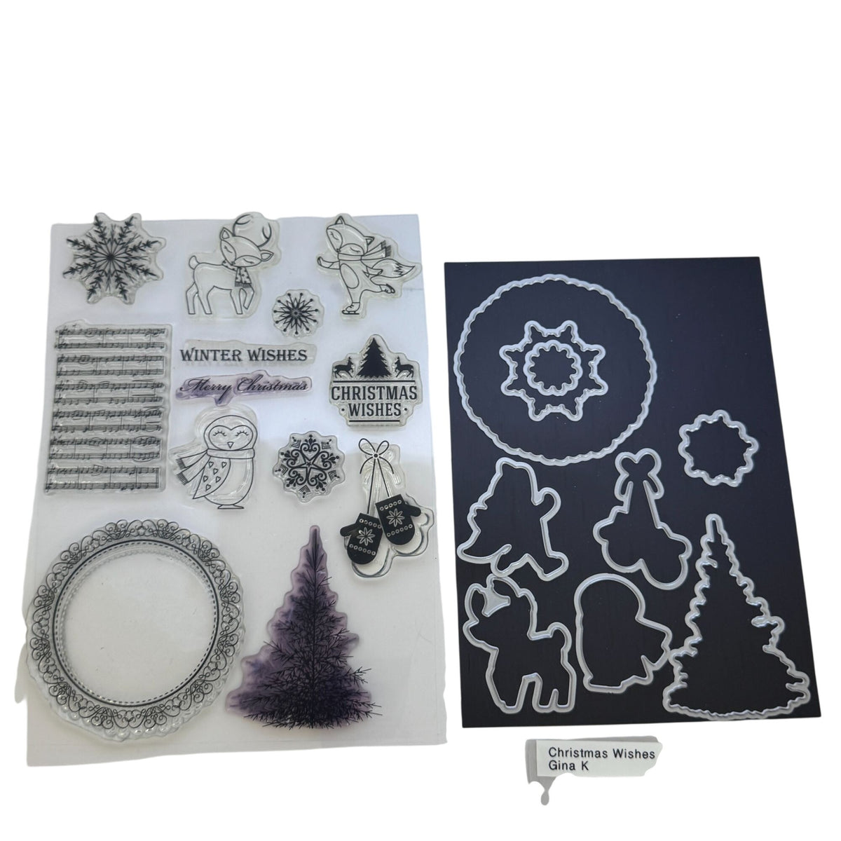 Gina K Clear Stamps and Die Set Christmas Wishes Wreath Deer Fox Snowflake Music