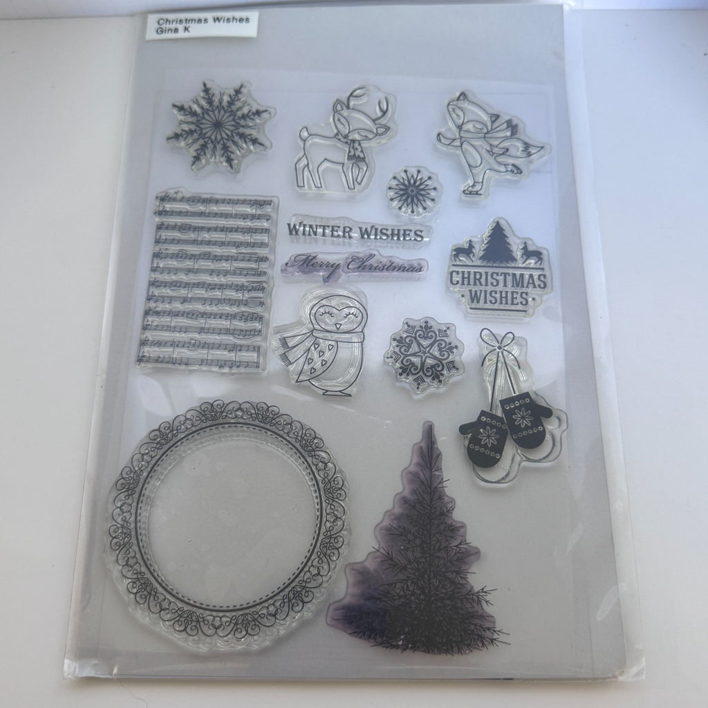 Gina K Clear Stamps and Die Set Christmas Wishes Wreath Deer Fox Snowflake Music