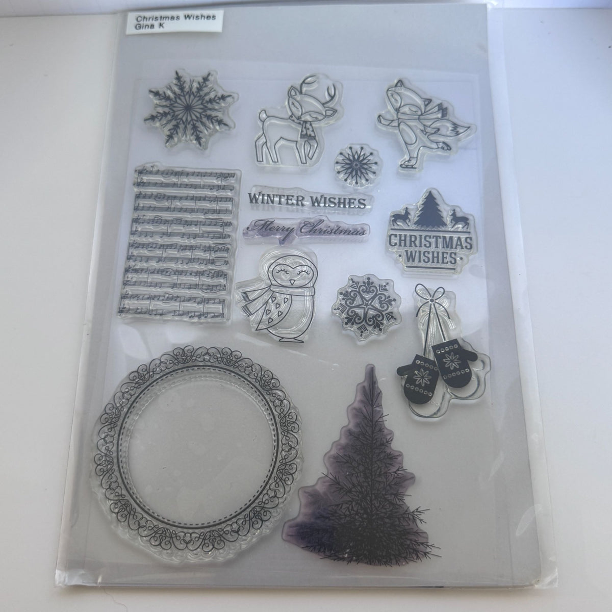 Gina K Clear Stamps and Die Set Christmas Wishes Wreath Deer Fox Snowflake Music