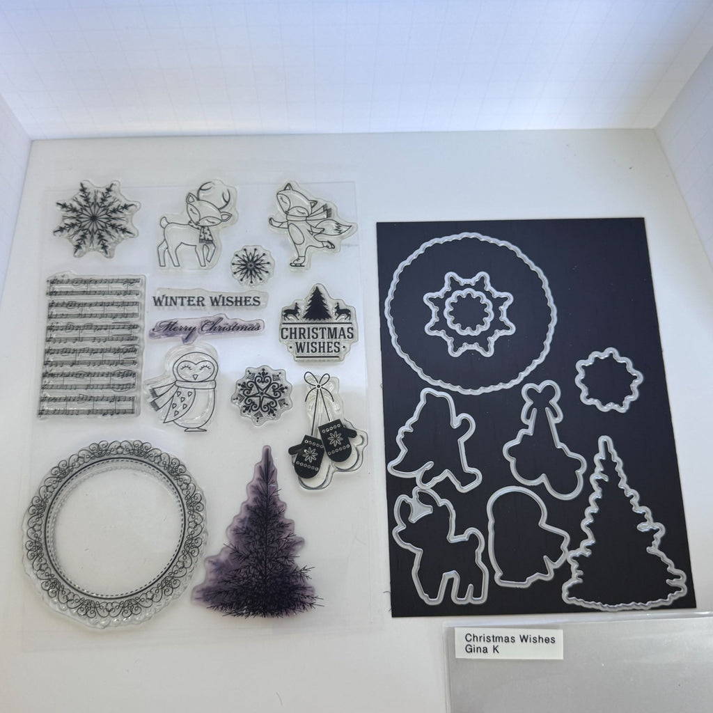 Gina K Clear Stamps and Die Set Christmas Wishes Wreath Deer Fox Snowflake Music