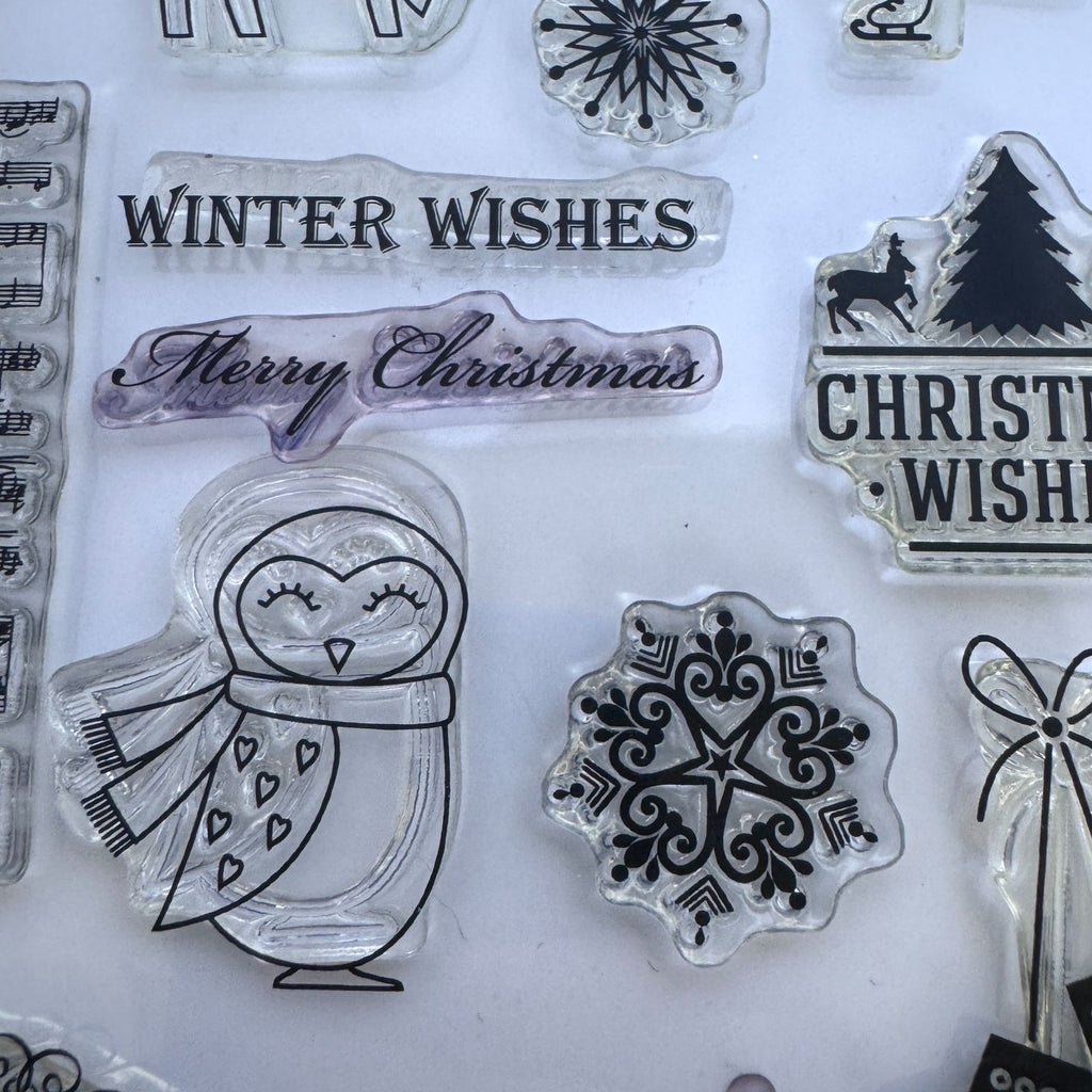 Gina K Clear Stamps and Die Set Christmas Wishes Wreath Deer Fox Snowflake Music