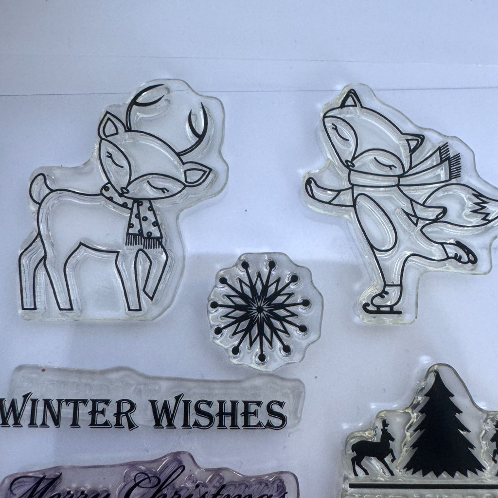 Gina K Clear Stamps and Die Set Christmas Wishes Wreath Deer Fox Snowflake Music