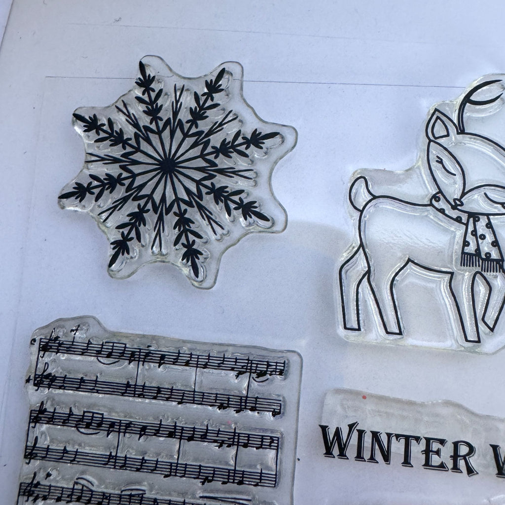 Gina K Clear Stamps and Die Set Christmas Wishes Wreath Deer Fox Snowflake Music