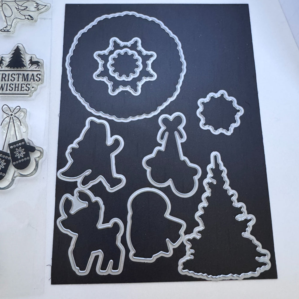 Gina K Clear Stamps and Die Set Christmas Wishes Wreath Deer Fox Snowflake Music