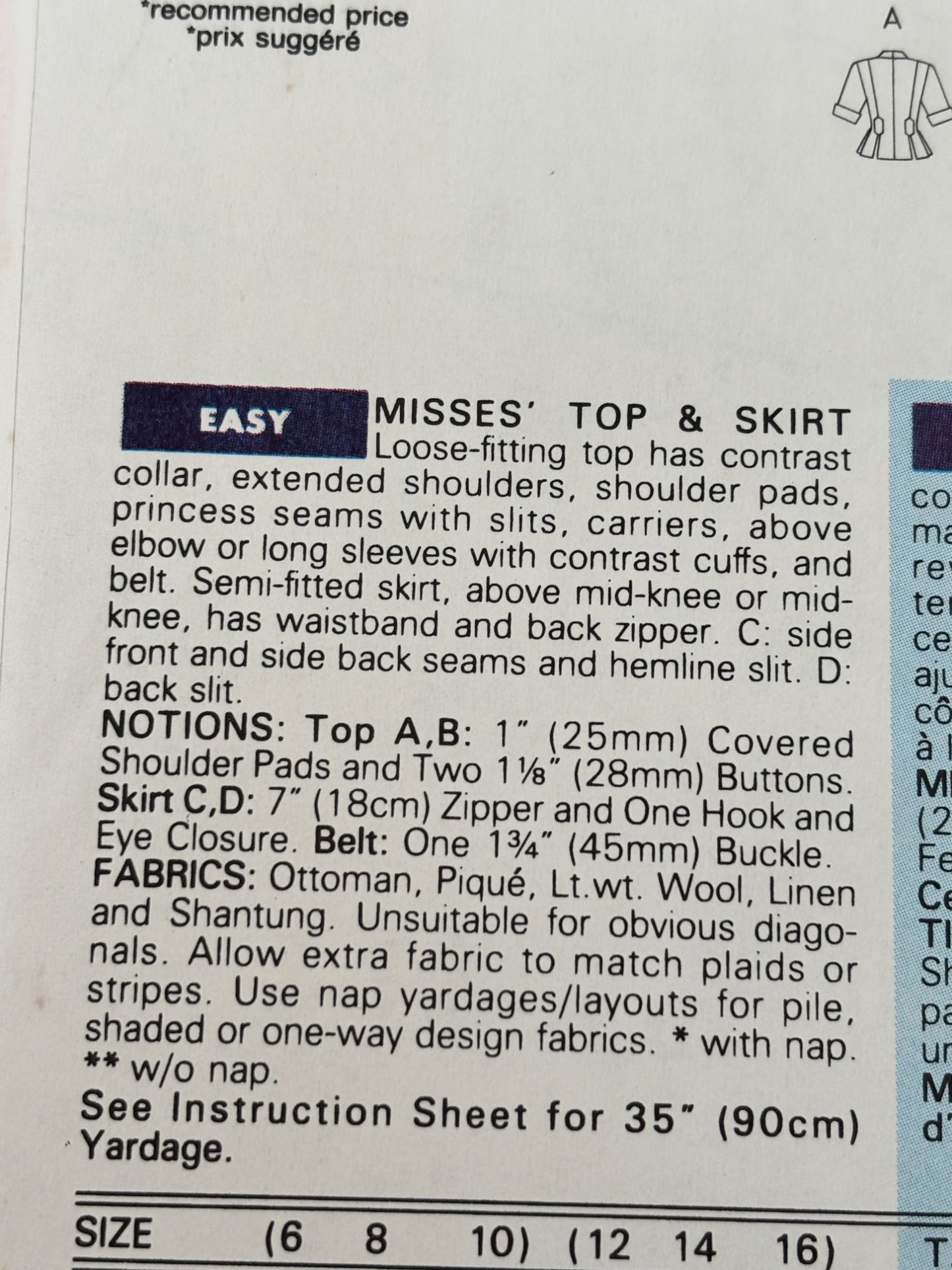 Butterick Sewing Pattern 6587 Power Suit Officewear Skirt Career Work 12-16 UC