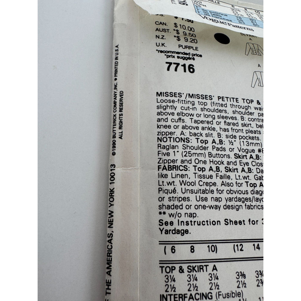 Vogue Sewing Pattern 7716 Misses Top and Tapered or Flared Skirt Size 6 8 10 UC