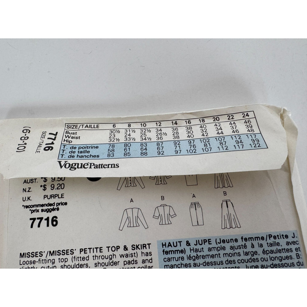 Vogue Sewing Pattern 7716 Misses Top and Tapered or Flared Skirt Size 6 8 10 UC