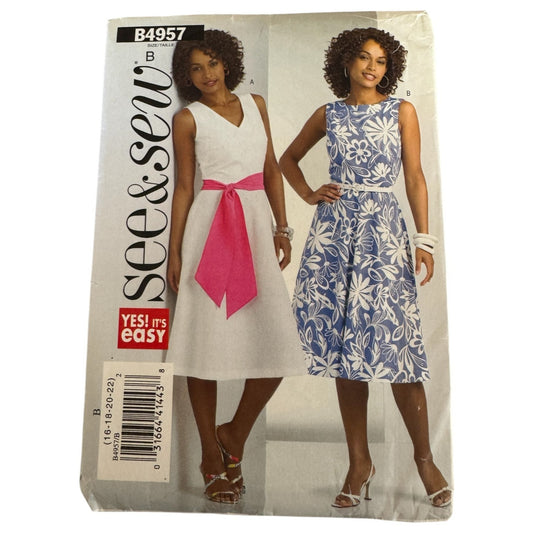 Y2K Fit and Flare Dress Sewing Pattern Butterick B4957 Sleeveless Dress Sash 2000s Retro 16-22