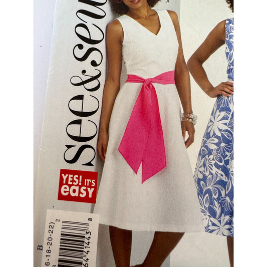 Y2K Fit and Flare Dress Sewing Pattern Butterick B4957 Sleeveless Dress Sash 2000s Retro 16-22