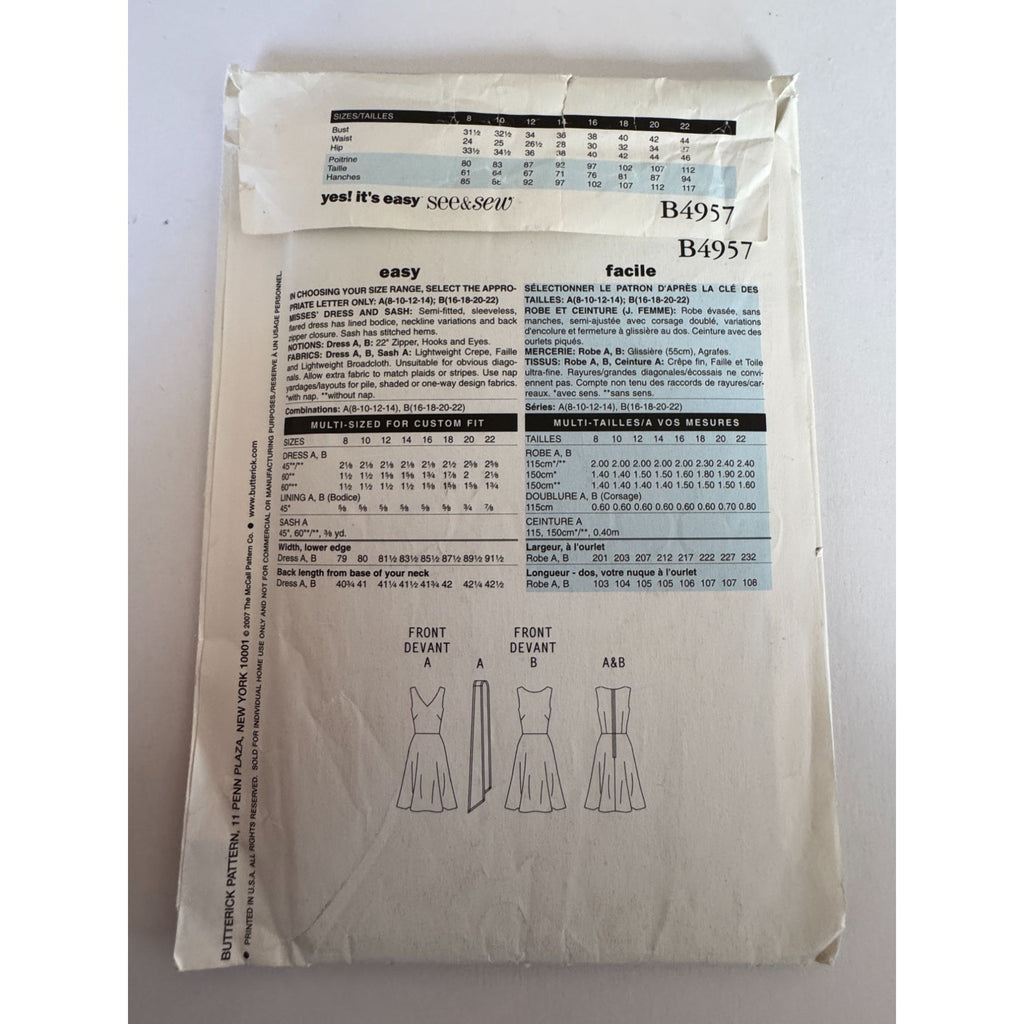 Y2K Fit and Flare Dress Sewing Pattern Butterick B4957 Sleeveless Dress Sash 2000s Retro 16-22