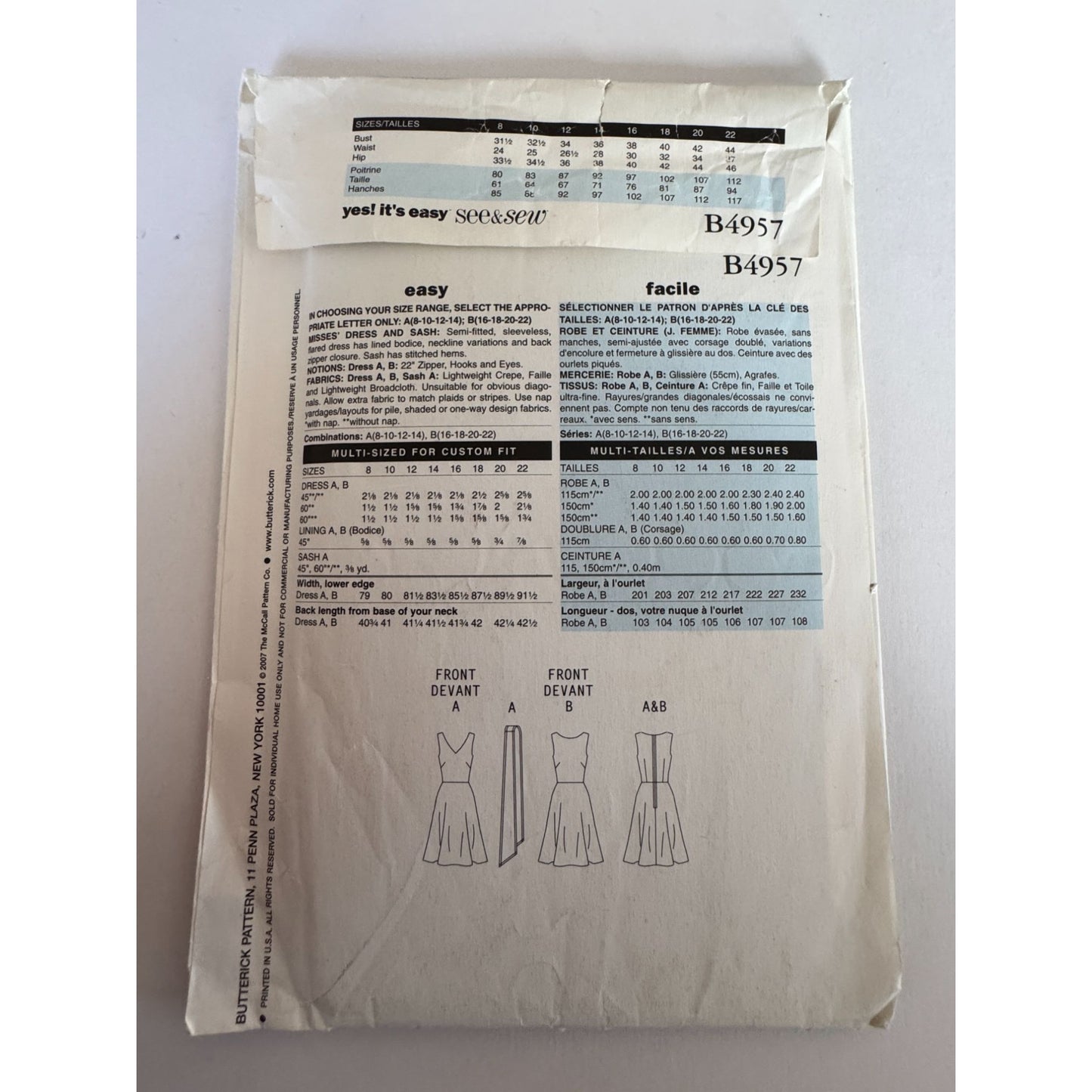 Y2K Fit and Flare Dress Sewing Pattern Butterick B4957 Sleeveless Dress Sash 2000s Retro 16-22