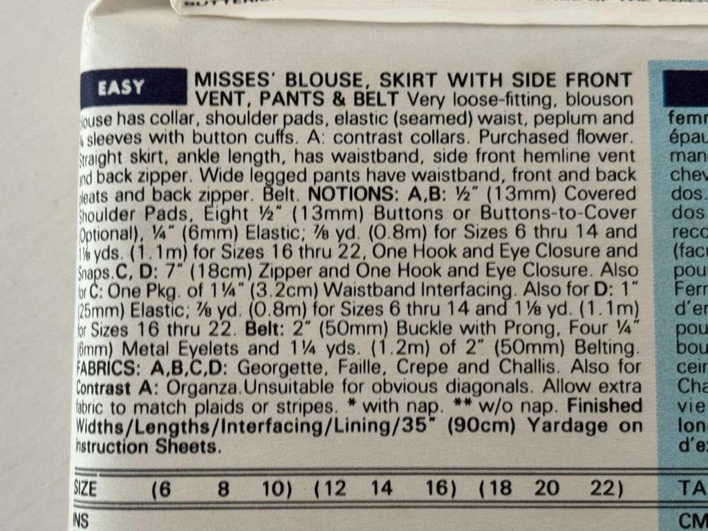 Butterick Sewing Pattern 6479 90s Wide Leg Pants Power Blouse Outfit 12 14 16 UC