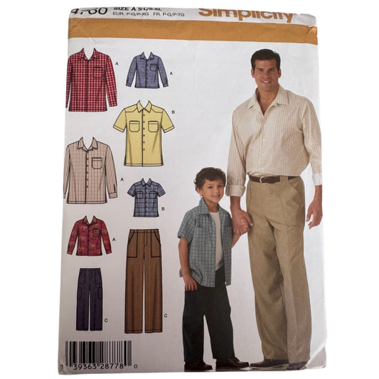 Simplicity Sewing Pattern 4760 Boys Mens Shirt Pants Father Son Casual Uncut Button Up