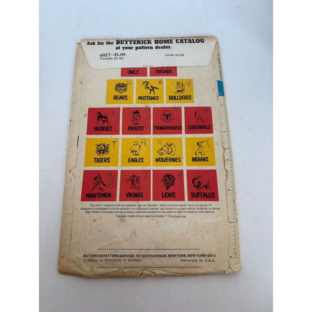 Butterick 4627 Vintage Hot Iron Transfers Sports Teams Mascots Animal Eagles Cut