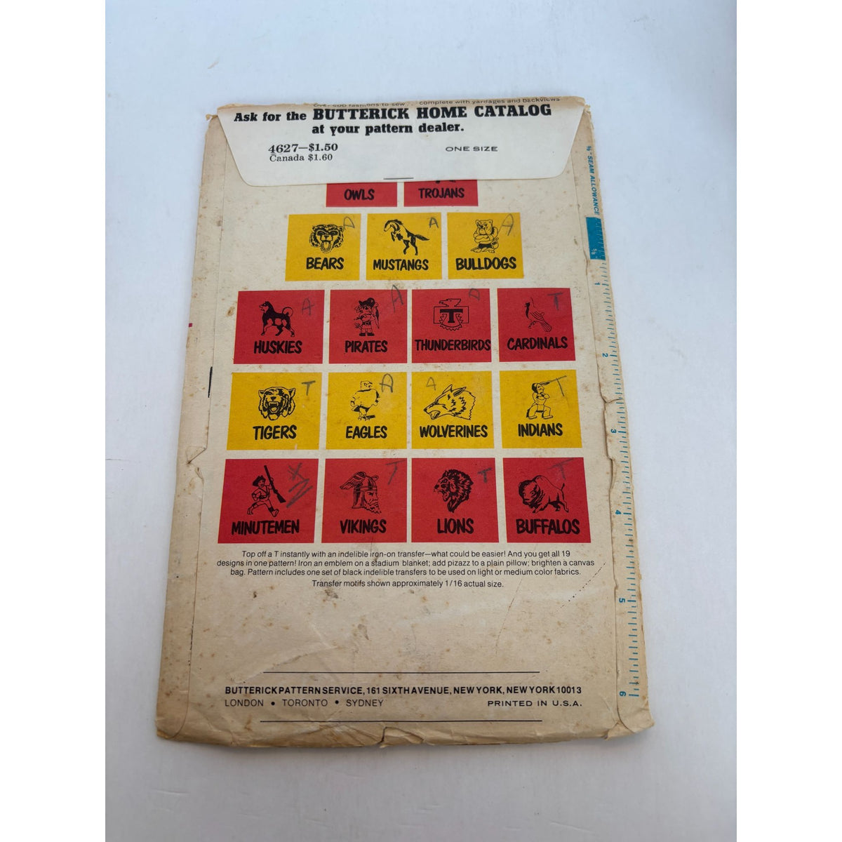 Butterick 4627 Vintage Hot Iron Transfers Sports Teams Mascots Animal Eagles Cut