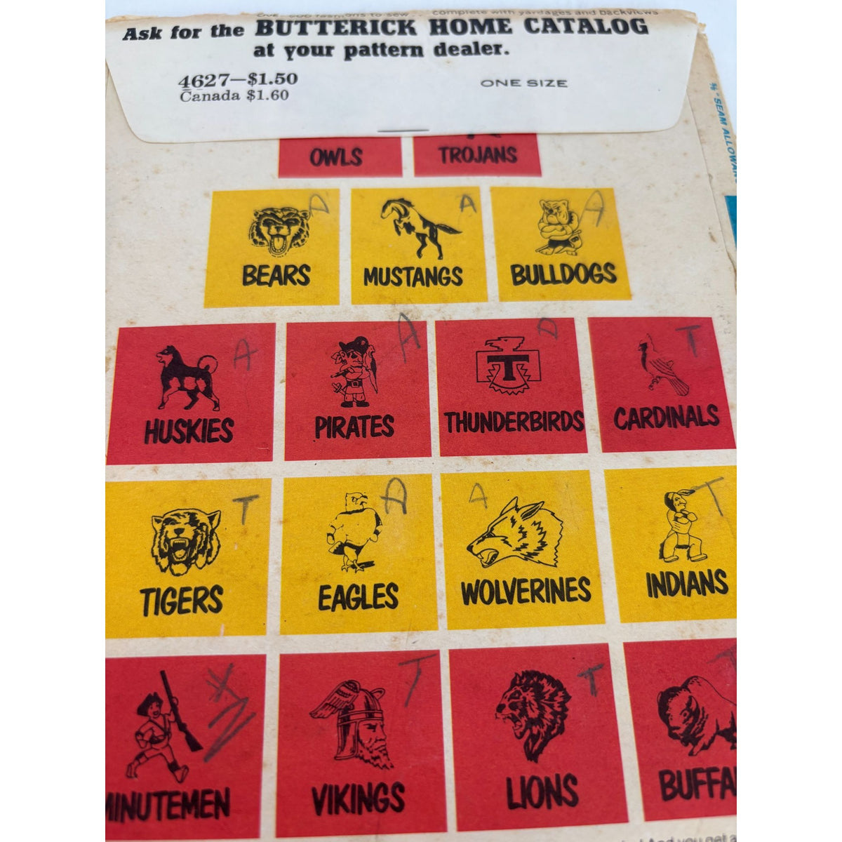 Butterick 4627 Vintage Hot Iron Transfers Sports Teams Mascots Animal Eagles Cut