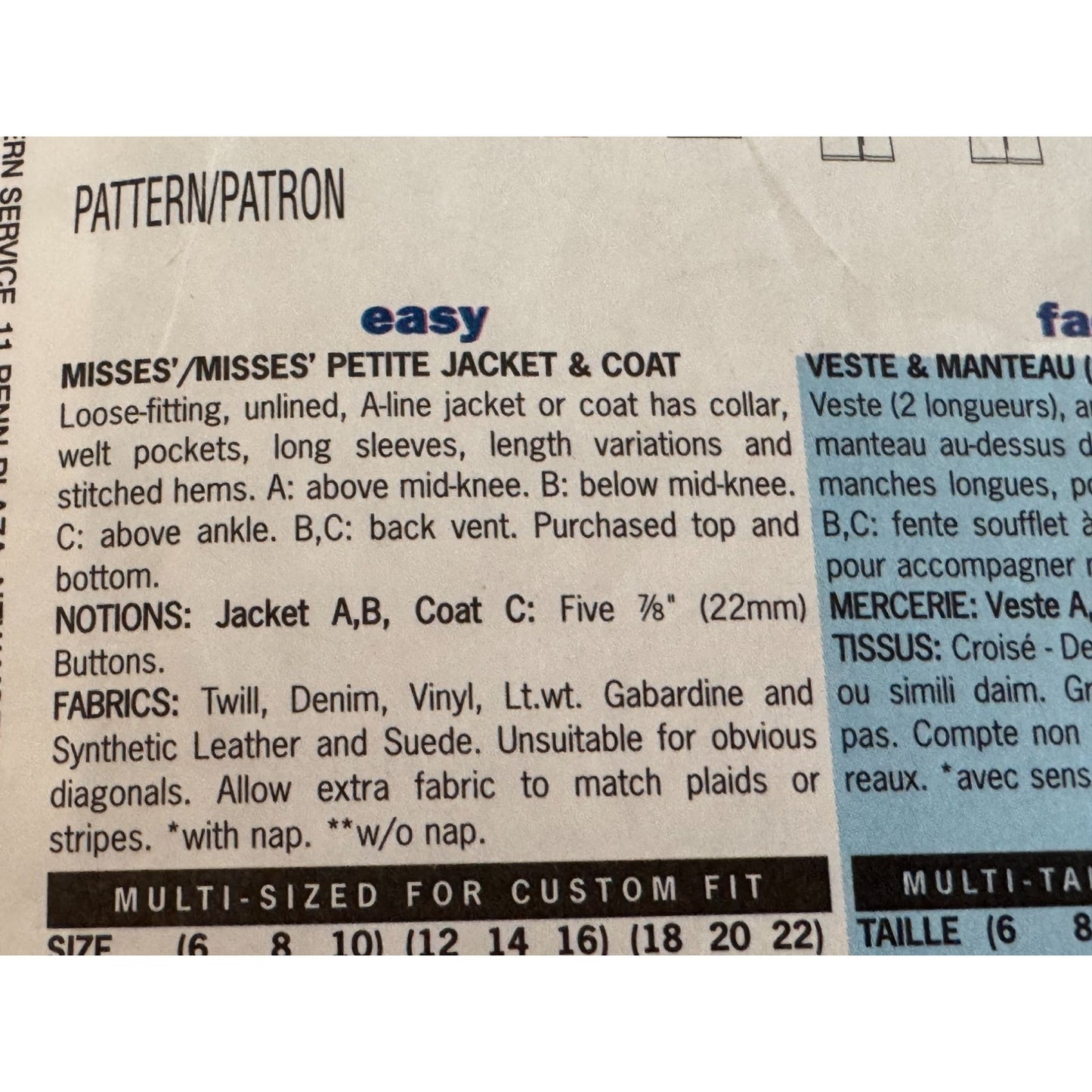 Butterick 6900 Long Coat Sewing Pattern Minimalist A Line Jacket 18-22 Uncut 2001