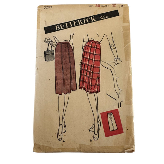1945 Butterick 3293 Vintage 40s Skirt Sewing Pattern WWII Pleated Skirt Size 18 Waist 30 Hip 39