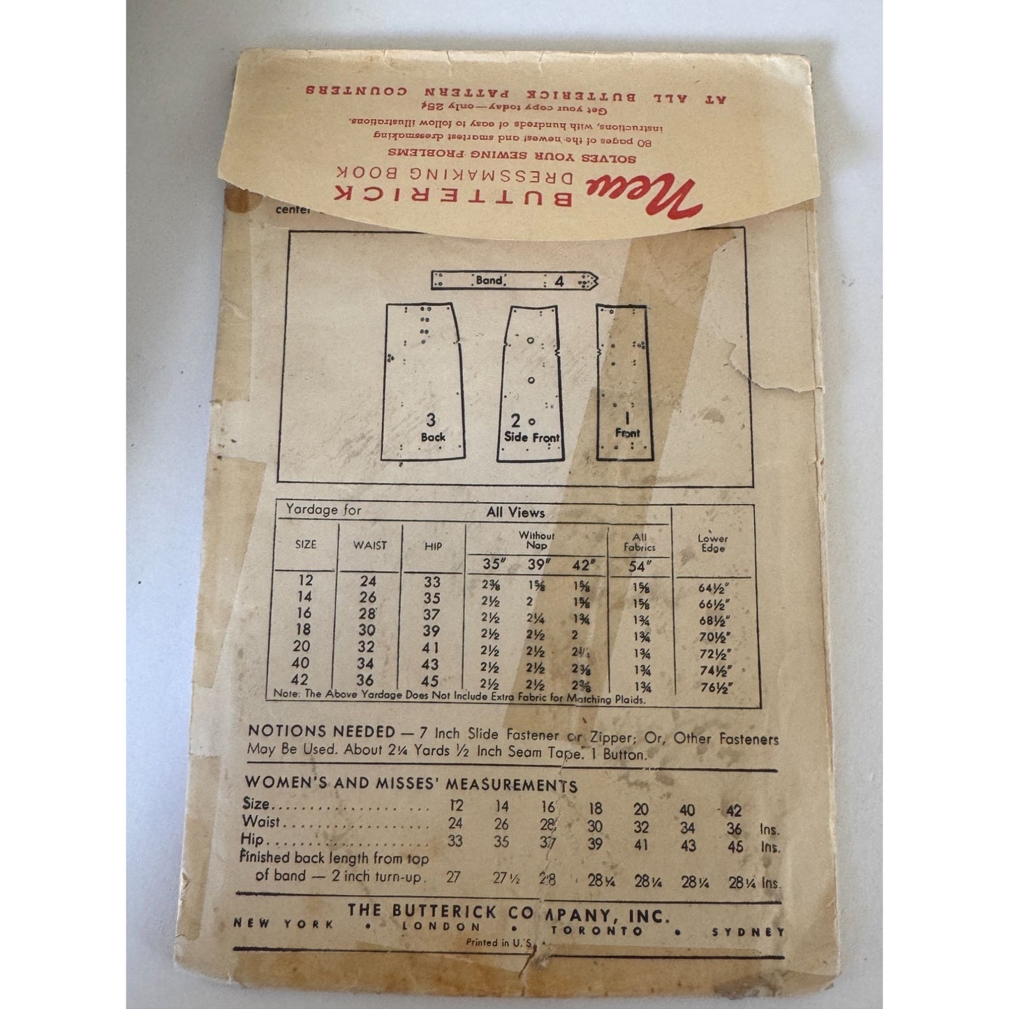 1945 Butterick 3293 Vintage 40s Skirt Sewing Pattern WWII Pleated Skirt Size 18 Waist 30 Hip 39