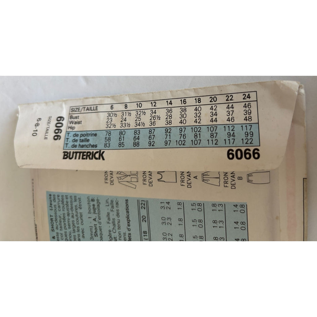Butterick Sewing Pattern 6066 Work Jacket Top Skirt Shorts Career 6 8 10 Uncut