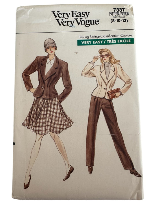 Vogue Sewing Pattern 7337 Misses Jacket Flared Skirt Pants 1980s Outfit 8 10 12