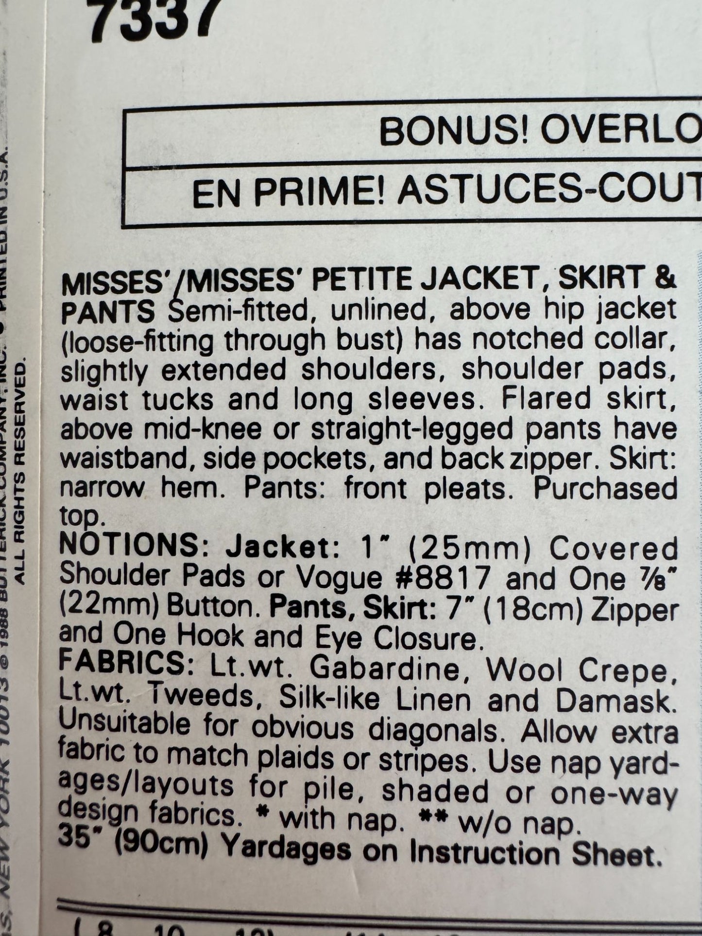 Vogue Sewing Pattern 7337 Misses Jacket Flared Skirt Pants 1980s Outfit 8 10 12