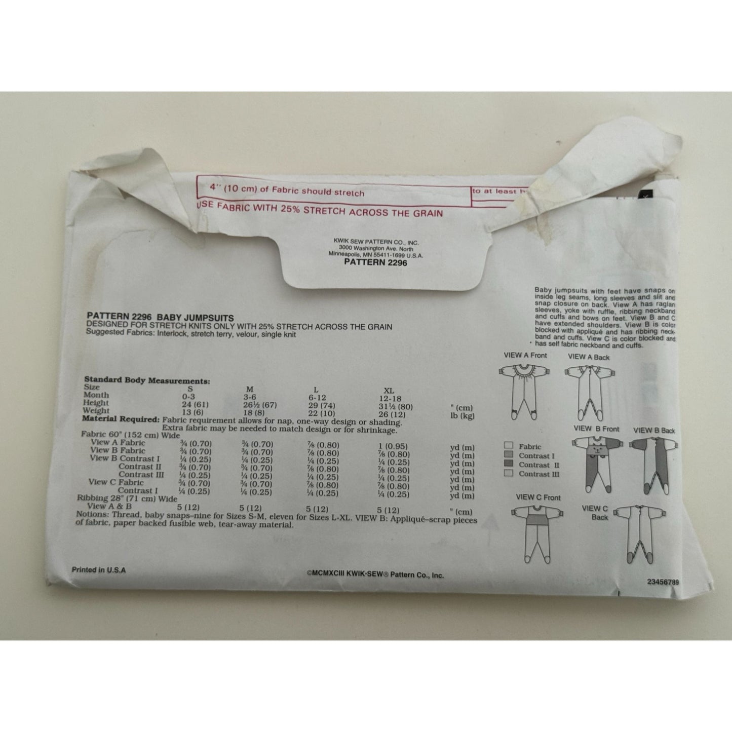 Kwik Sew Sewing Pattern 2296 Baby Jumpsuits Rompers Snaps Newborn to 18M Uncut