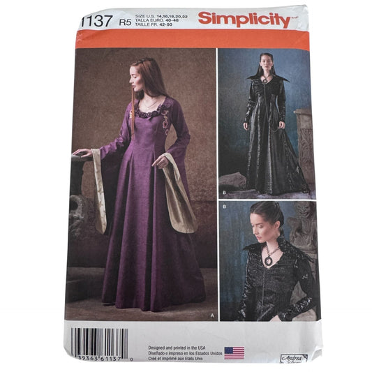 Simplicity Sewing Pattern 1137 Costume Dress Medieval Gothic Dark Romance 14-22 Uncut Fantasy Cosplay