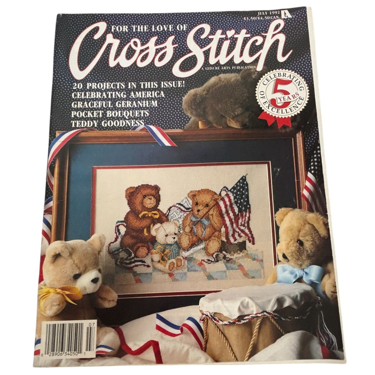 For The Love Of Cross Stitch Magazine July 1992 Patriotic Teddy Bears Strawberry