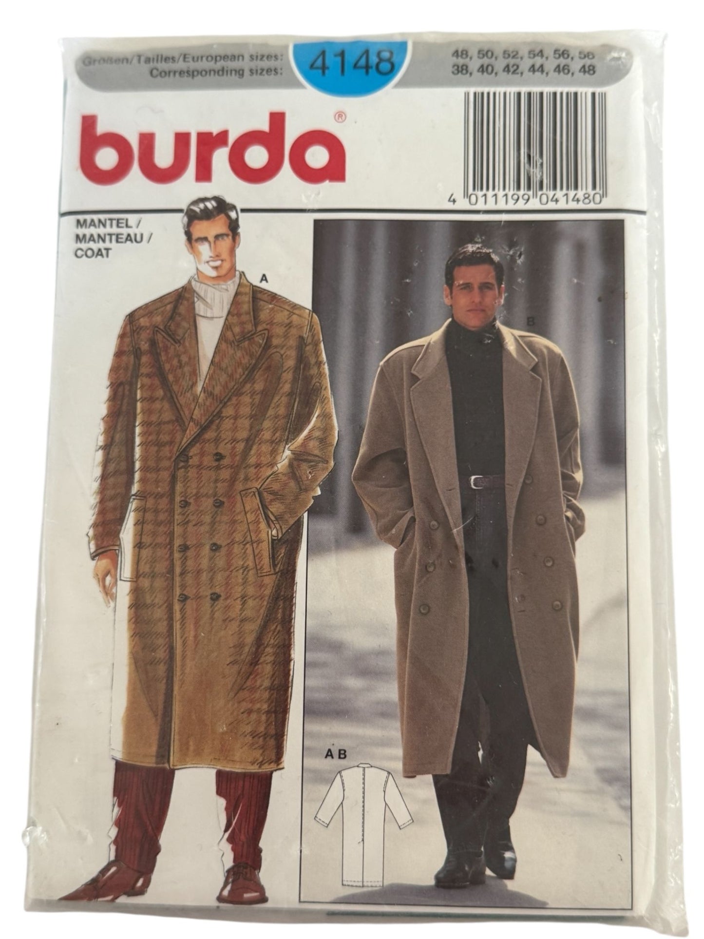 Burda Sewing Pattern 4148 Mens Long Double-Breasted Coat Winter Career 38-48 UC