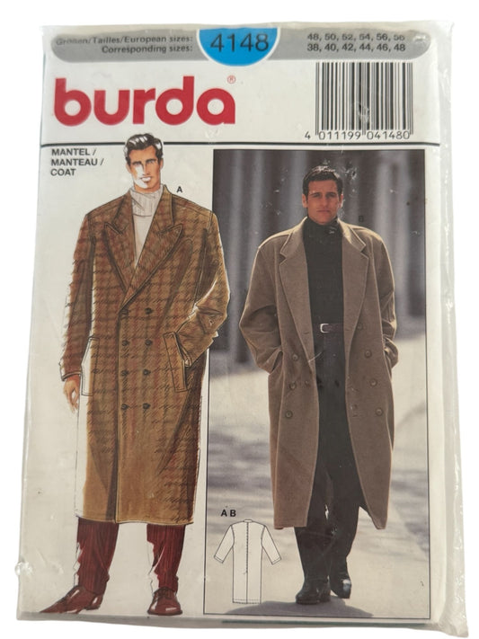 Burda Sewing Pattern 4148 Mens Long Double-Breasted Coat Winter Career 38-48 UC