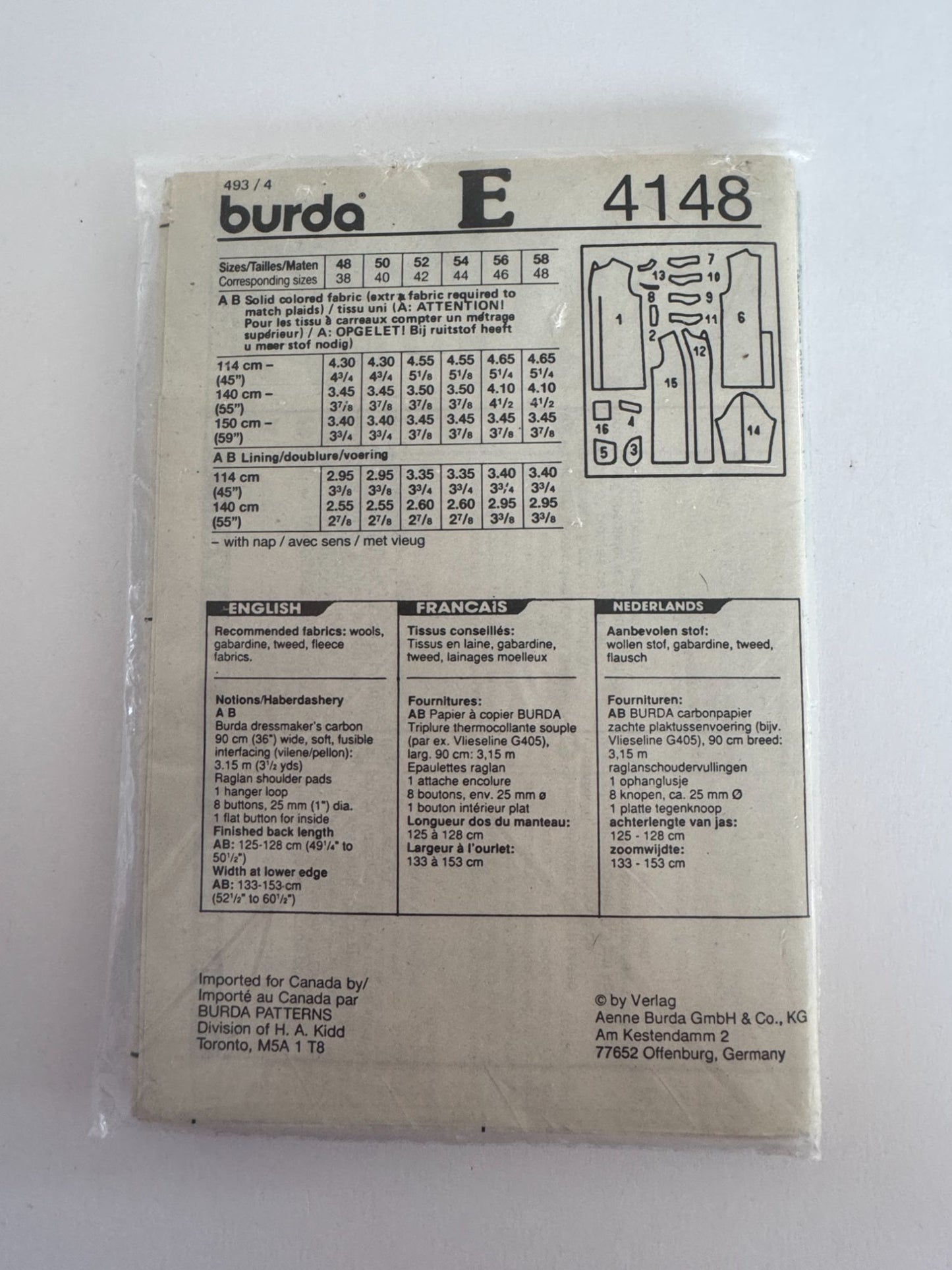 Burda Sewing Pattern 4148 Mens Long Double-Breasted Coat Winter Career 38-48 UC