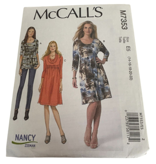 McCalls  Sewing Pattern M7353 Dress Tunic Top Empire Waist Round Neck 14-22 UC