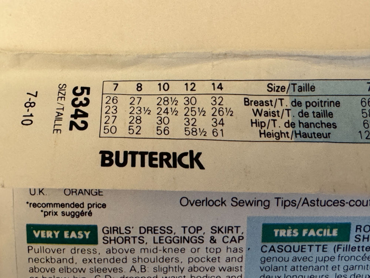 Butterick Sewing Pattern 5342 Fashion Addition Easy Girls Dress Top Skirt 7 8 10