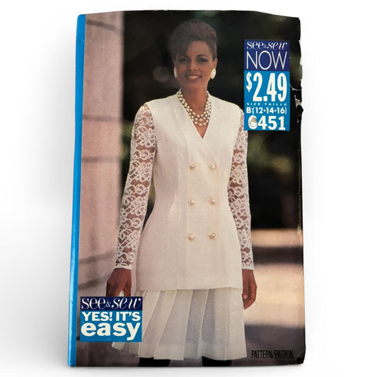 Butterick Sewing Pattern 6451 90s Top Skirt Lace Sleeve Suit Set 12 14 16 Uncut