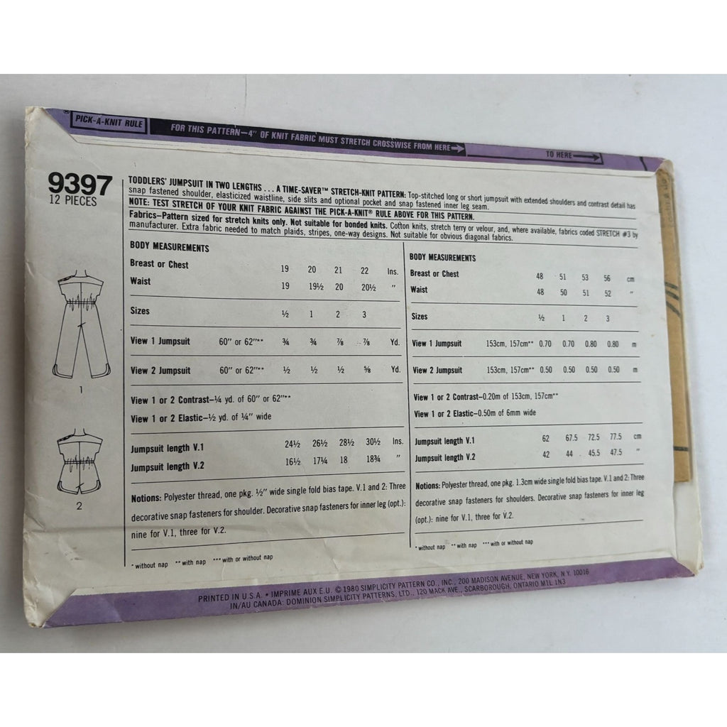 Simplicity Sewing Pattern 9397 Toddlers Jumpsuit 2T 3T Summer Outfit 1980 Uncut