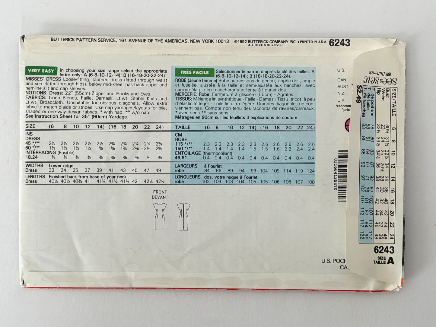 Butterick Sewing Pattern 6243 Sheath Dress 90s Minimalist Easy UC 6 8 10 12 14