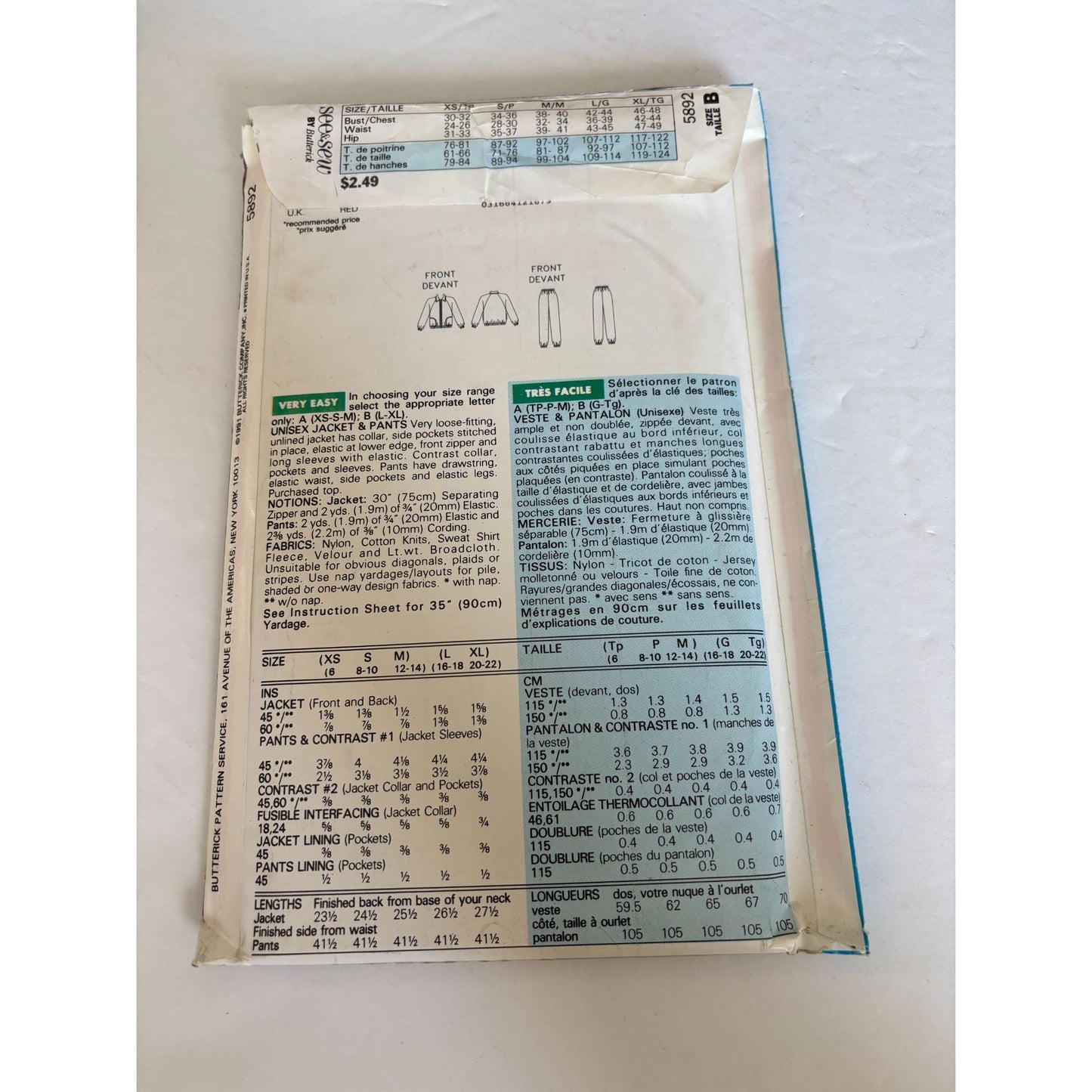 Butterick Sewing Pattern 5892 Athletic Jacket Pants Workout Casual L XL 16 22 UC