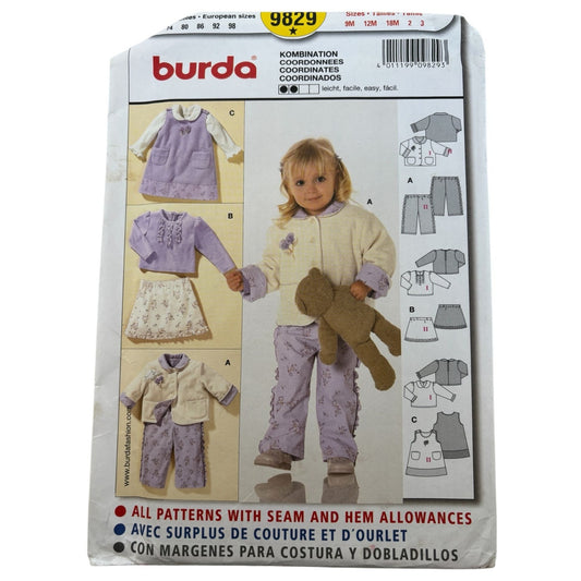 Burda Sewing Pattern 9829 Baby Shirt Pants Jumper Coordinated Outfits 9M-3T UC