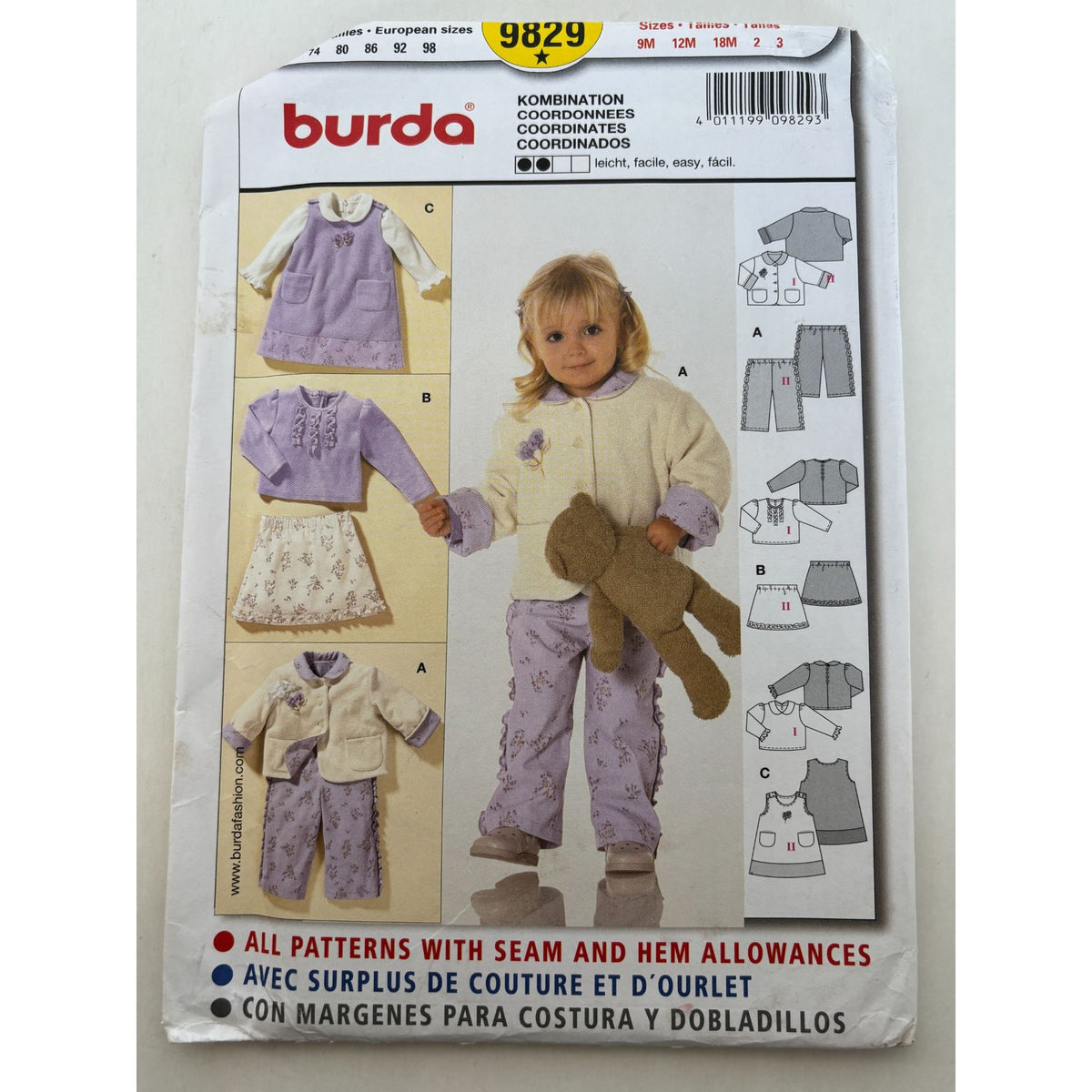 Burda Sewing Pattern 9829 Baby Shirt Pants Jumper Coordinated Outfits 9M-3T UC