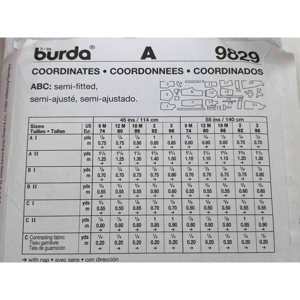 Burda Sewing Pattern 9829 Baby Shirt Pants Jumper Coordinated Outfits 9M-3T UC