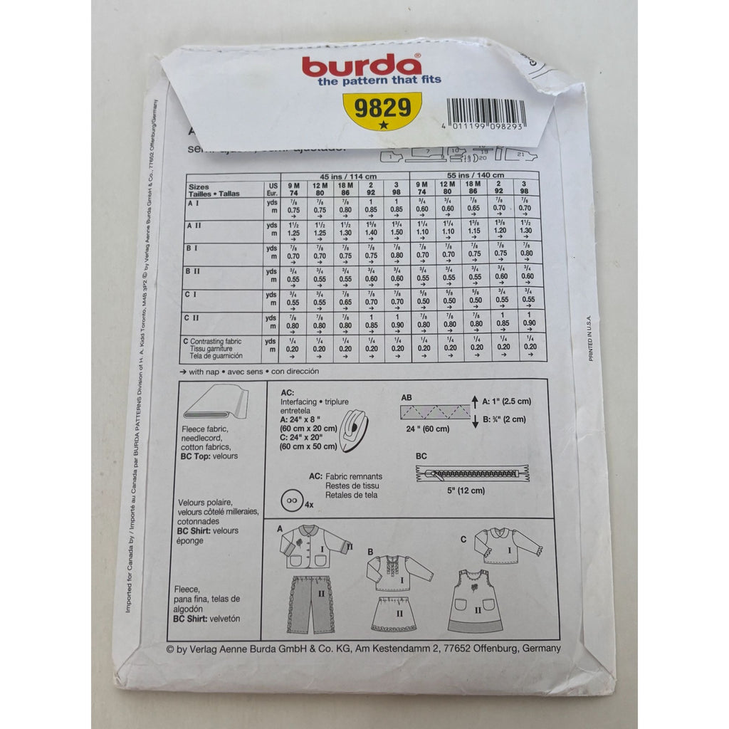 Burda Sewing Pattern 9829 Baby Shirt Pants Jumper Coordinated Outfits 9M-3T UC